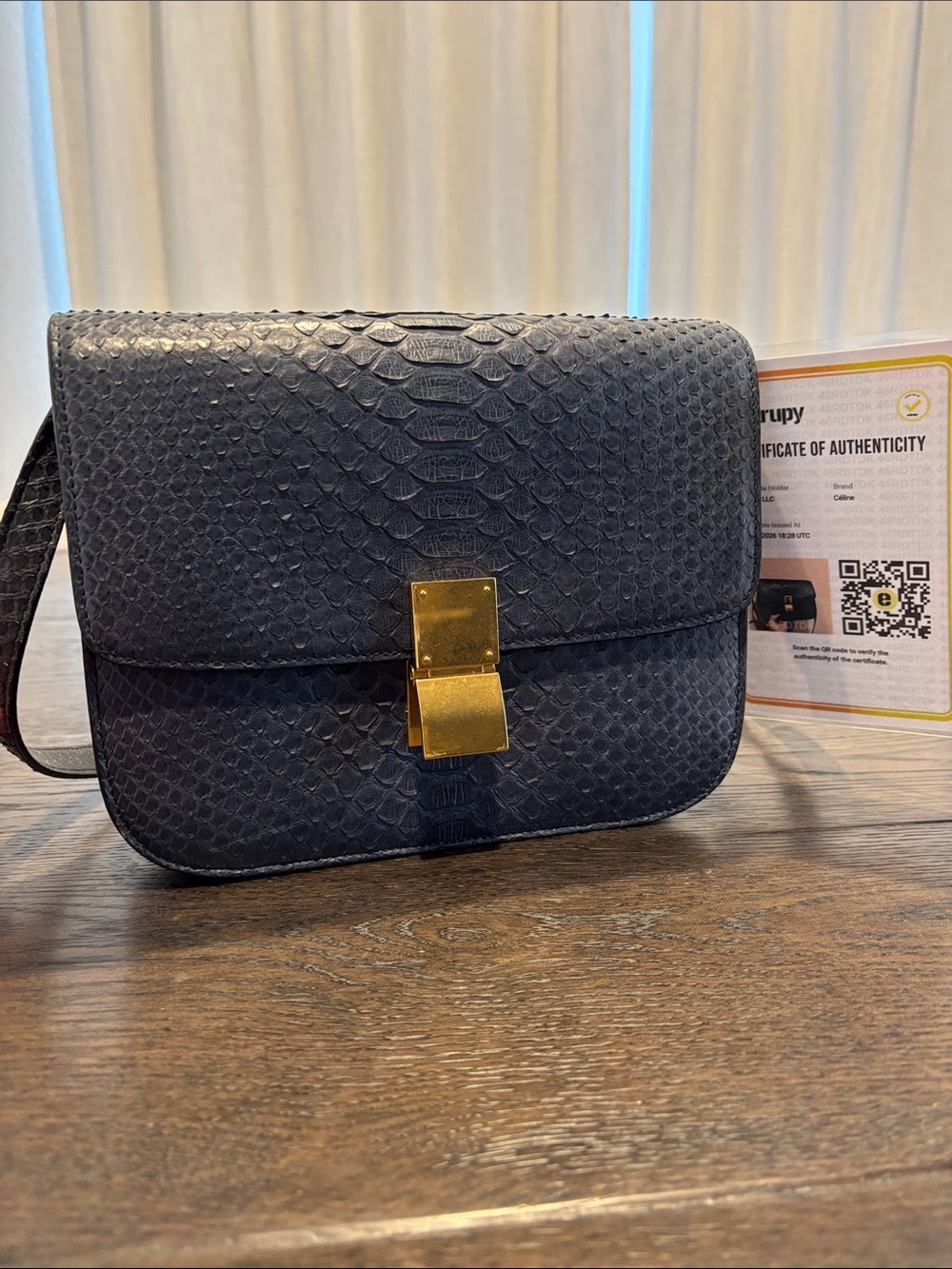 Celine Navy python box bag  Leather Crossbody with Gold Hardware